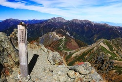 view of Mountains in the northern part of the Southern Alps　from the summit of mt.shiomi,ina city,nagano prefecture,japan.
I translate the  japanese written on the sign: Mt.shiomi,east peak 3052m