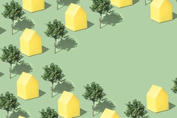 Suburban city landscape minimal pattern concept with yellow town house and trees on a green background. Residential real estate, sustainability creative idea. Eco friendly home. Copy space.