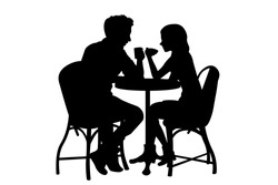 Romantic couple sitting at the table in cafe silhouette vector illustration