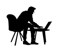 Man working with laptop at office or at home silhouette vector illustration isolated on white background