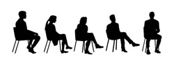 Business peiple sitting on conference or other meeting silhouette. Students sitting on the chairs vector illustration