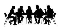 Business people having meeting or conference. Coworkers sitting at the table silhouette vector illustration