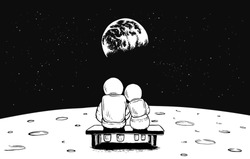Astronaut girl and boy look to the Earth from the Moon.Space vector illustration
