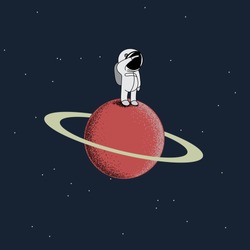Cartoon spaceman standing on a red planet. Childish vector illustration