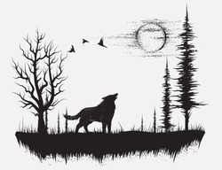 Wolf howling at the moon in the forest.Hand drawn vector illustration