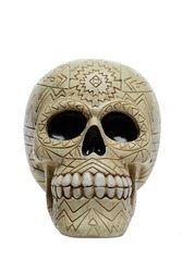 Human scull with carved ornament isolated on white