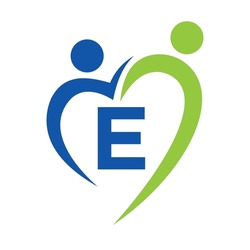 Community Care Logo On Letter E Vector Template. Teamwork, Heart, People, Family Care, Love Logos. Charity Foundation Creative Charity Donation Sign With E Letter