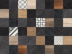 Dark grey marble , wood and decor seamless pattern patchwork. Repeating white marble and decoration geometry for floor and wall