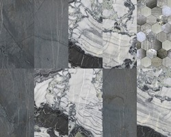 Beautiful patchwork pattern. Mixed of dark grey, white marbles and hexagon decoration