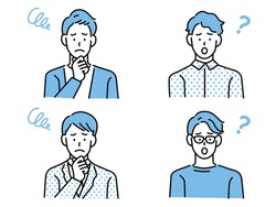 Confused man thinking together. People with question marks vector illustration. Man and woman with question, thinking guy
