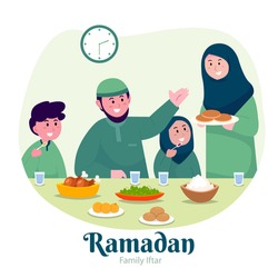 Vector illustration of a Muslim family, parents, son and daughter preparing to break the fast or suhoor together with happy face. in shades of green create a warm atmosphere at home.