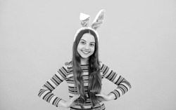 being in good mood. teenager girl wear rabbit costume. easter bunny hunt. just having fun
