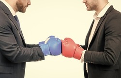 Contact. Fighting men cropped view. Businessmen fight with boxing gloves. Fighting conflict