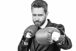 Senior manager stand in fighting position wearing boxing gloves isolated on white, business rivalry