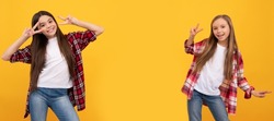 Girl friends. happy teen girls in casual shirt having fun showing peace gesture on yellow background, childhood. Casual teen children friends horizontal poster. Banner header, copy space.