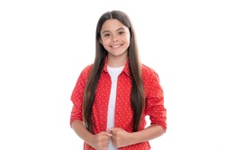 Portrait of happy smiling teenage child girl. Children studio portrait on white background. Childhood lifestyle concept. Cute teenage girl face close up.