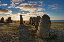 Ales stenar megalithic monument near Ystad in southern Sweden, shadow of the biggest stone