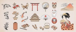 Japanese doodle set. Japanese traditional design elements. Hand drawn vactor illustration.