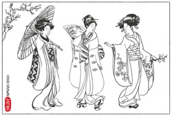 Set of Japanese women in kimono. Hand drawn vector illustration. 