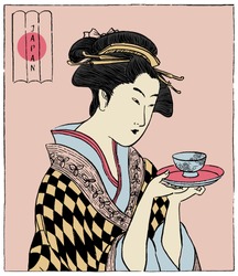 Woman in a Kimono holding a teacup. Japanese traditional style. (Vector illustration)