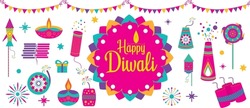Diwali festival flat modern elements illustration and icon set for graphic and web design templates or deepavali firecrackers, Diwali crackers flat vector, color full vector fireworks on white