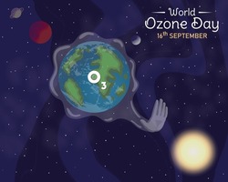 World Ozone Day Realistic Design Vector Illustration. September 16 celebration and awareness graphic. Sun earth Galaxy space horizontal background. Social media post, website header, graphic resource
