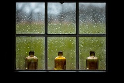 Raindrops on a kitchen window. Yellow and brown antique glass bottles on a windowsill in a black frame. Decorative elements in rustic design. Symmetrical silhouette pattern.