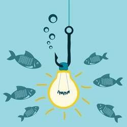 Light bulb on a fishing hook, underwater lights, bait for fish. Attracting investors, shocking, study of the underwater world.