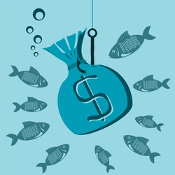 Money bag with dollar symbol on a hook underwater. Bait for fish. Investments, poderia of money, financial losses.