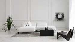 Modern white designer sofa on legs with cushions on grey carpet in middle of minimalistic living room with high ceiling, futuristic chair, green plant, abstract picture and two vases on table