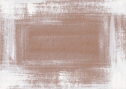 Grunge shabby background with stripes of dry white paint on brown craft paper. Hand drawn texture with gouache brush strokes. Aged scratched backdrop. Artistic design element