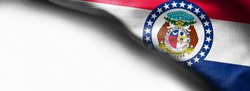 Fabric texture of the Missouri Flag background - flag on white background - right top corner - free copy space