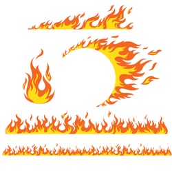Set of flame elements on a white background, fire. Horizontal pattern of fire, fire around the wheel.