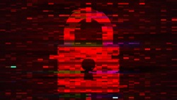 Lock sign on red digital screen with pixels and glitch effect