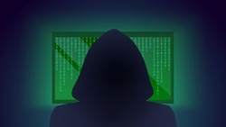 Hacker silhouette and laptop with green binary code
