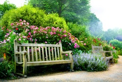 Art bench and flowers in the morning in an English park