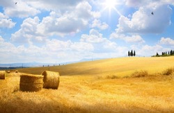 Italy summer or autumn golden countryside landscape, Wheat Straw Bales and farmland over sunset sky 
