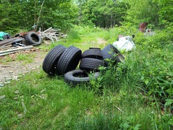 An abandoned lot of land in rural Nova Scotia where garbage is disposed of illegally. The trash includes tires, old cars, planks of wood, and other unusable items related to transportation.