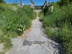 A sandy path leading from a beach to a wooden staircase.