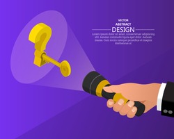 Businessman's hand holds a turned-on flashlight. Lighting a keyhole with a key in the form of a question mark. Search and solve a problem. Find clues. 3D. Isometric. Vector illustration