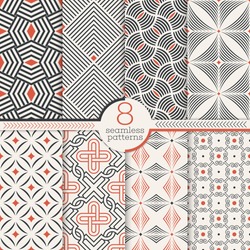 Set of art deco seamless patterns. Stylish modern geometric textures. Repeating geometrical shapes, lines, rhombuses, scales, arcs, dots. Vector abstract backgrounds