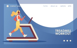Vector concept banner with young flat woman character running on the treadmill. Blue wave, vivid gradients, good web landing page template for gym 