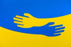 Support for Ukraine. Embrace icon, arms hugging in colors of Ukraine , War in Ukraine, attack from Russia. Papercut, hands hug linear vector logo template. Care, love and charity symbol, hand papercut