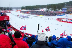 Group of fans from norway and sweden watching at professional competition in nordic ski - world cup in north of Europe - Concept image for winter olympic games 2018 in Pyeongchang - South Korea  
