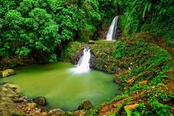 A view of Seven Sisters Waterfalls in the jungle on Grenada