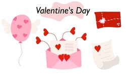 A set of items for ValentineDay. Envelopes, valentines, letters. In color version. A symbol of love and a Valentine Day holiday. Vector illustration.