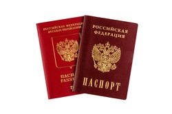 international and domestic russian passport with text in Russian RUSSIAN FEDERATION PASSPORT isolated on a white background top view close up