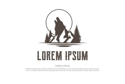 Vintage Retro Moon Howling Wolf with Pine Trees Forest and Ice Snow Mountain Logo Design Vector