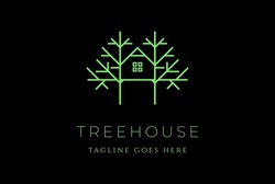Simple Minimalist Treehouse Line Outline Monogram Logo Design Vector