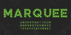 Green shining marquee alphabet with numbers and warm light. Vintage illuminated letters for text, title, logo or sale banner